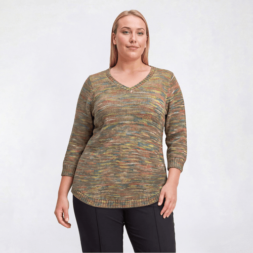 Plus Size Napa Valley 3/4 Sleeve Space Dye V-Neck Sweater